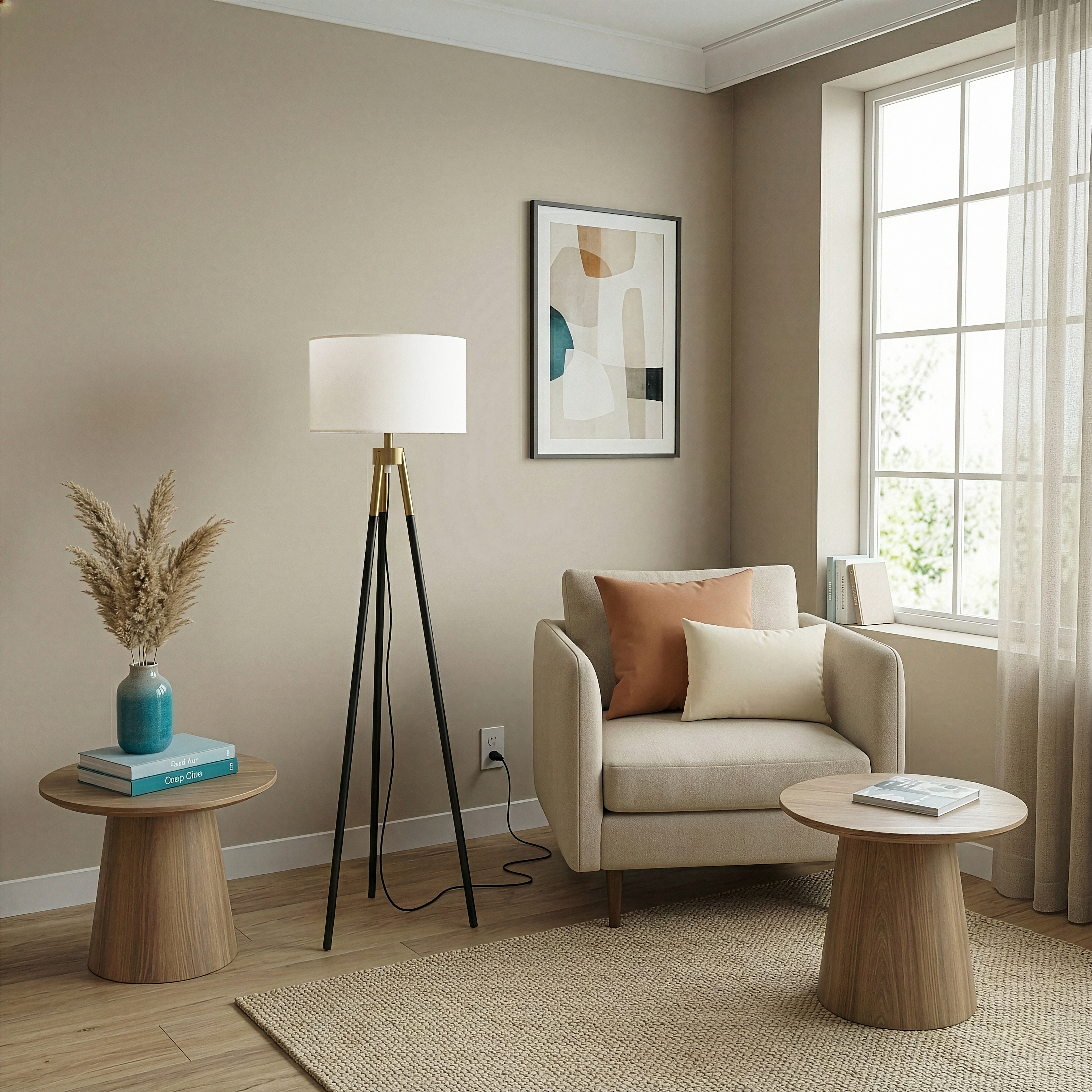 Sway Brassed Gold Floor Lamp With On Off Triple Legs White Fabric Shad