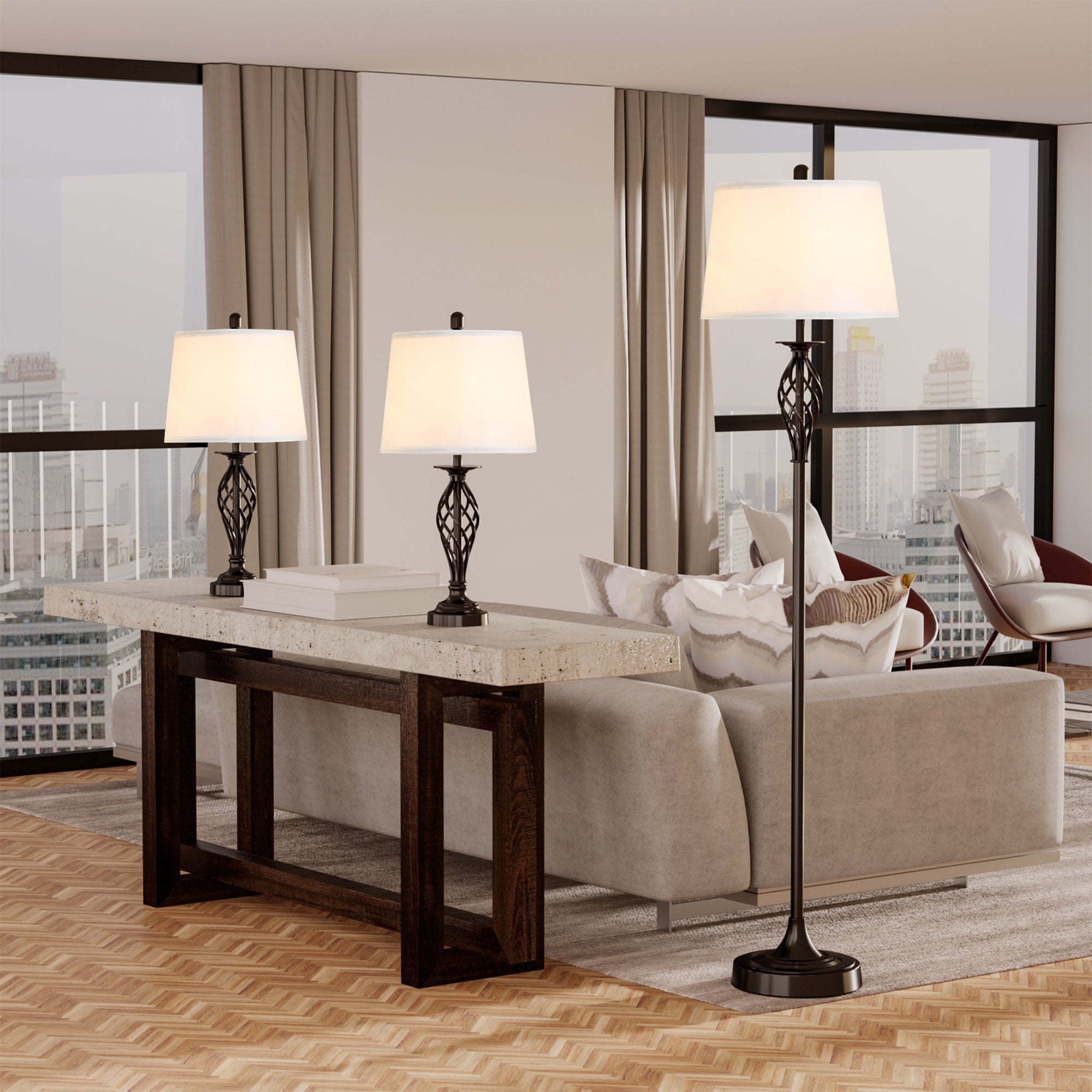 3 Piece Table Floor Lamp Set with Metal Pole