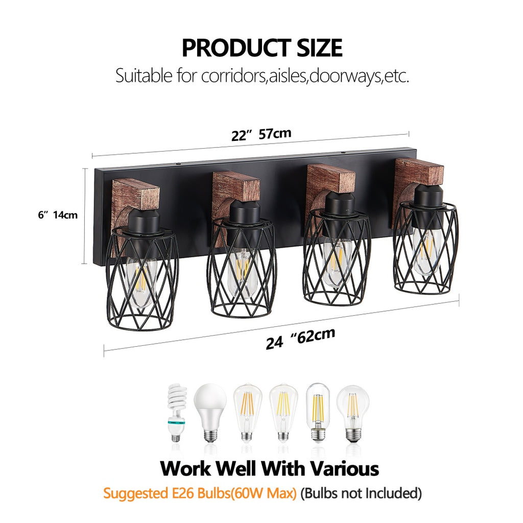 24 Industrial Vintage 4-Light Wall Sconce - Black Cage Wall Lighting F