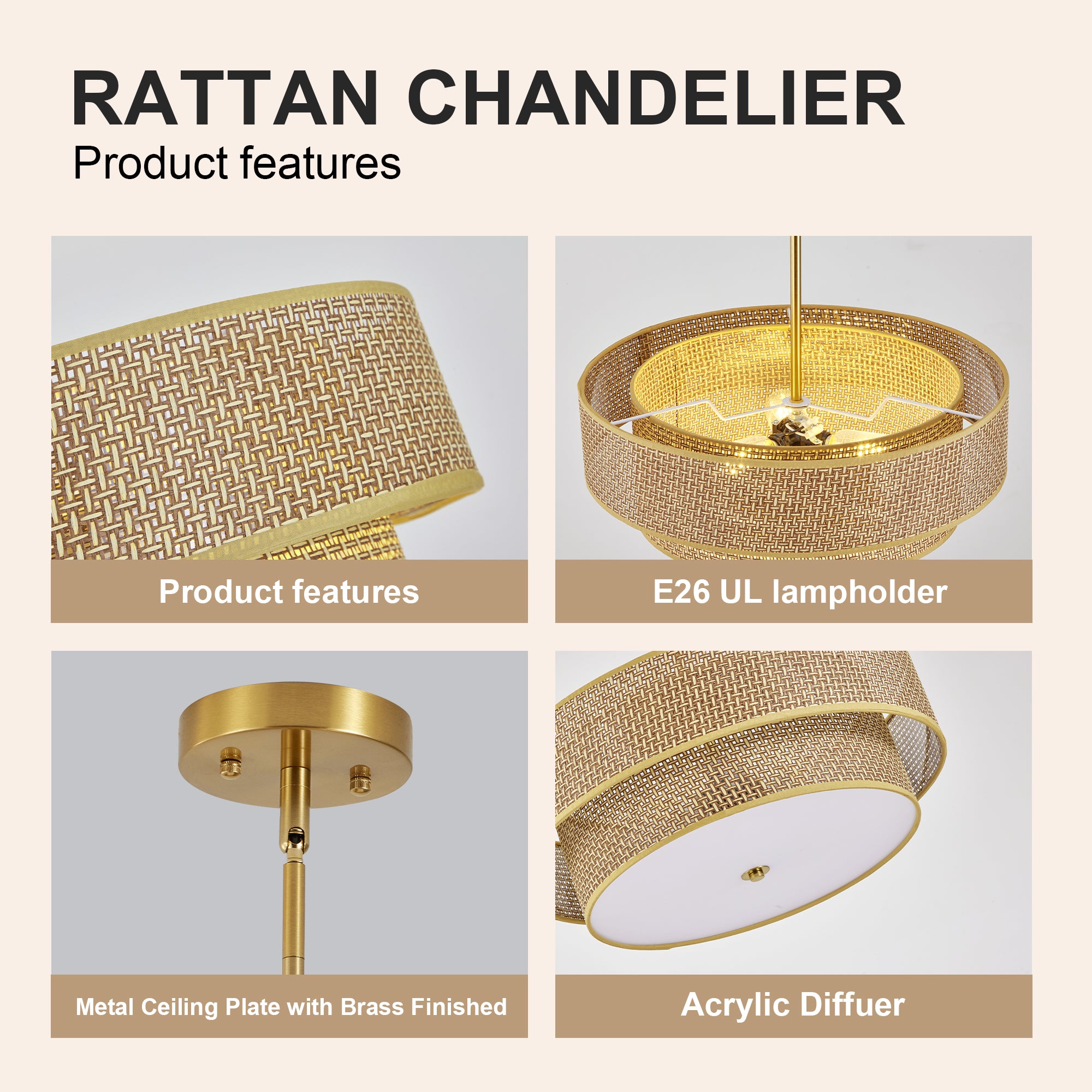 Woven Rattan Semi Flush Mount Ceiling Light, Linen Shade, 17.7 Inch