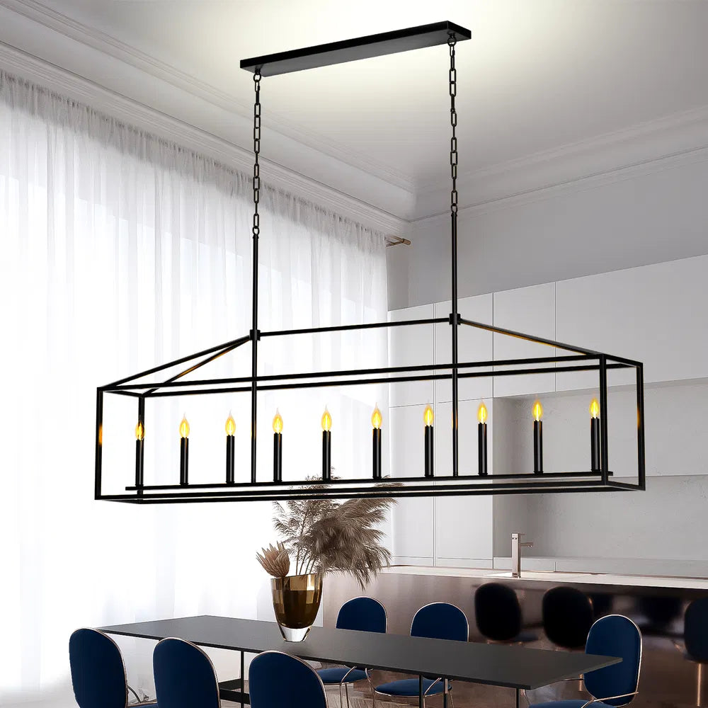 10 Lights Farmhouse Black Chandelier Rectangular Linear Pendant Lighti