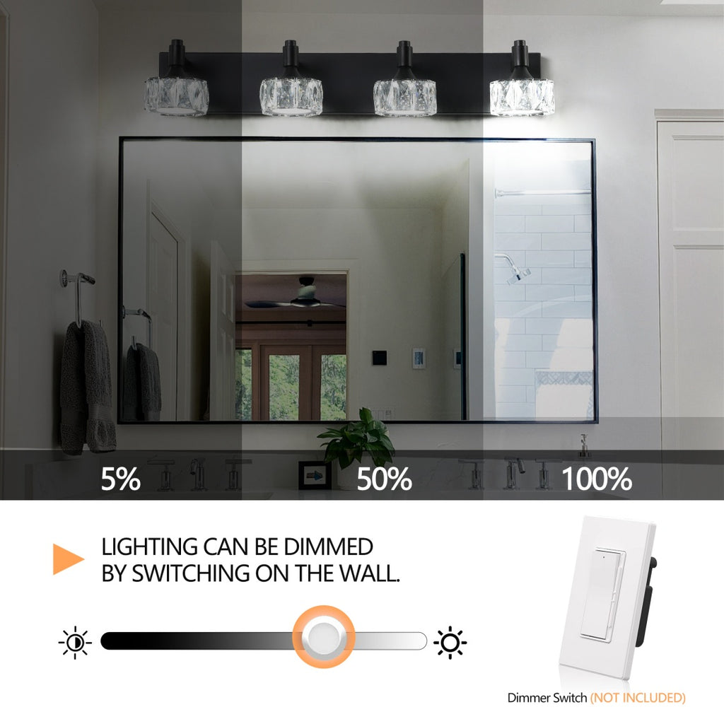 Crystal Glass Vanity Light, 4-Light Matte Black LED Bathroom Fixture