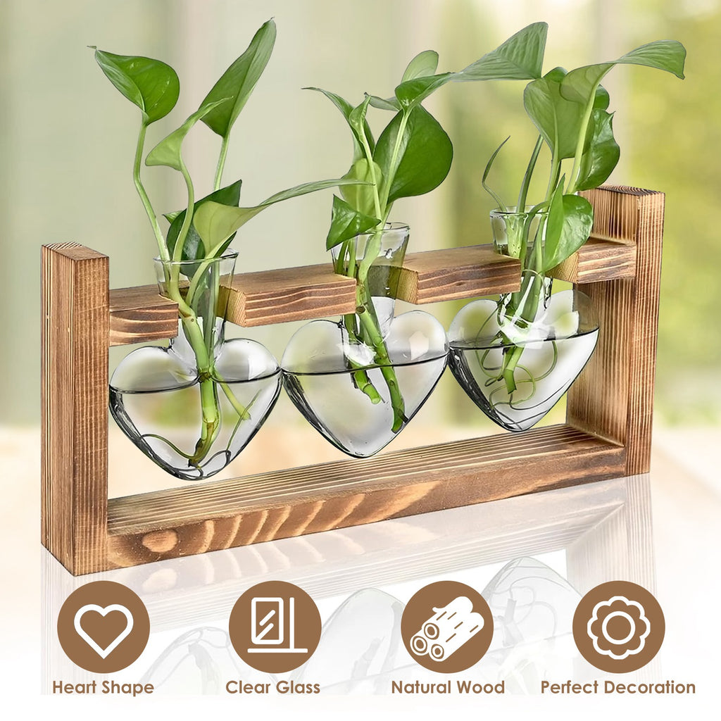 1Pc Plant Terrarium Propagation Station With 3 Heart Shaped Vases Wood