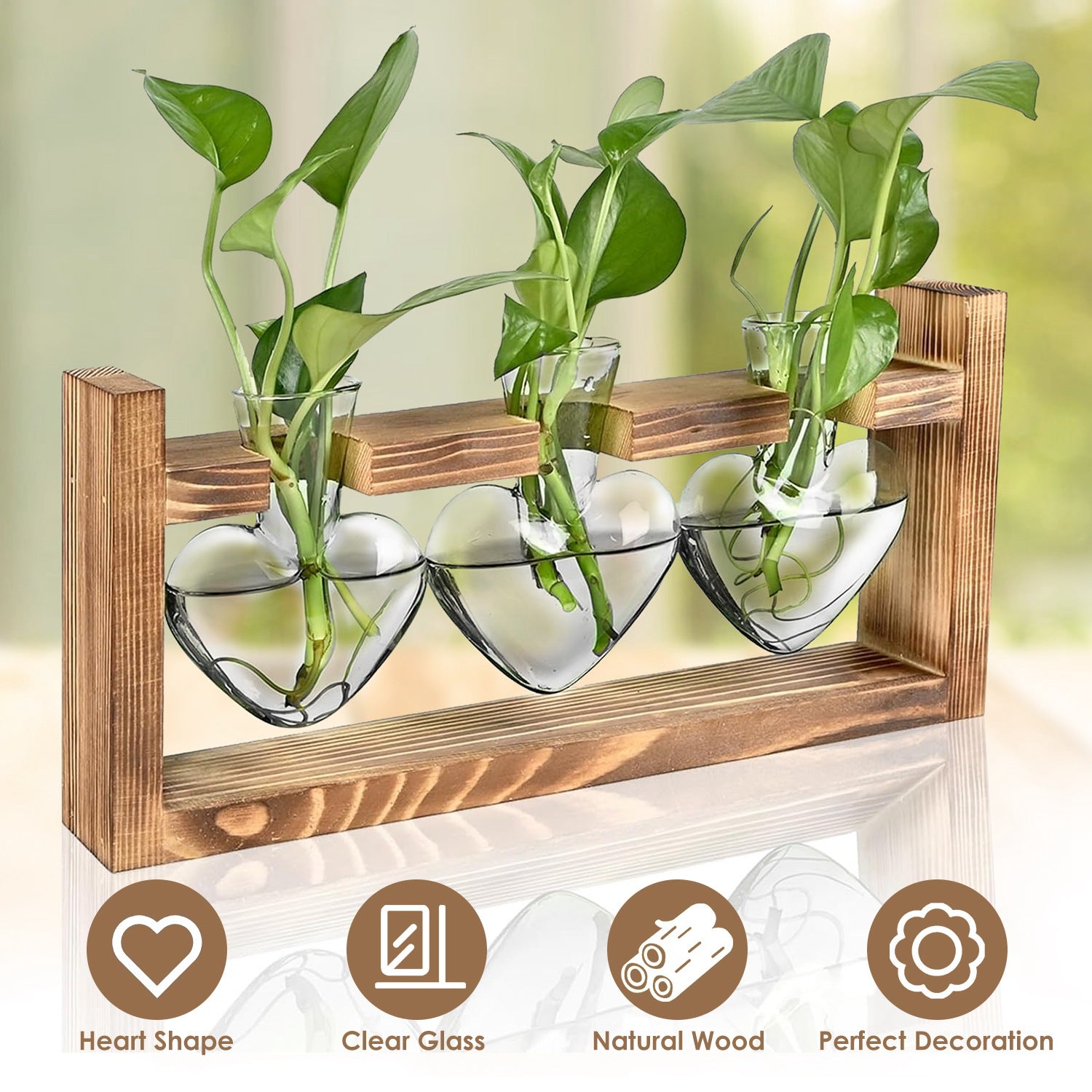 1Pc Plant Terrarium Propagation Station With 3 Heart Shaped Vases Wood