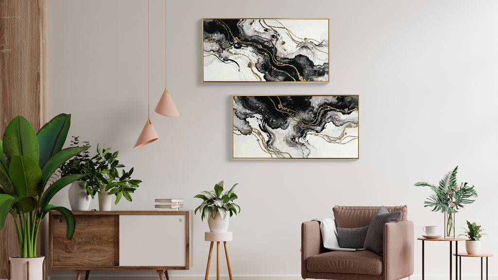 Large Framed Black And White Abstract Wall Art