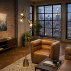 Lumina Brassed Gold Floor Lamp With Rotary Triple Spots Metal Cone Bas