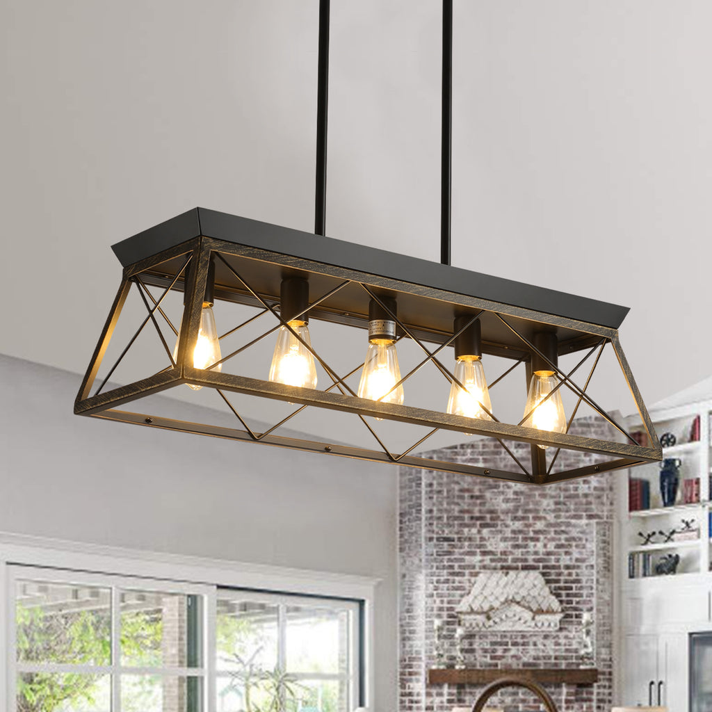 32in Black Gold Industrial 5-Light Pendant Chandelier