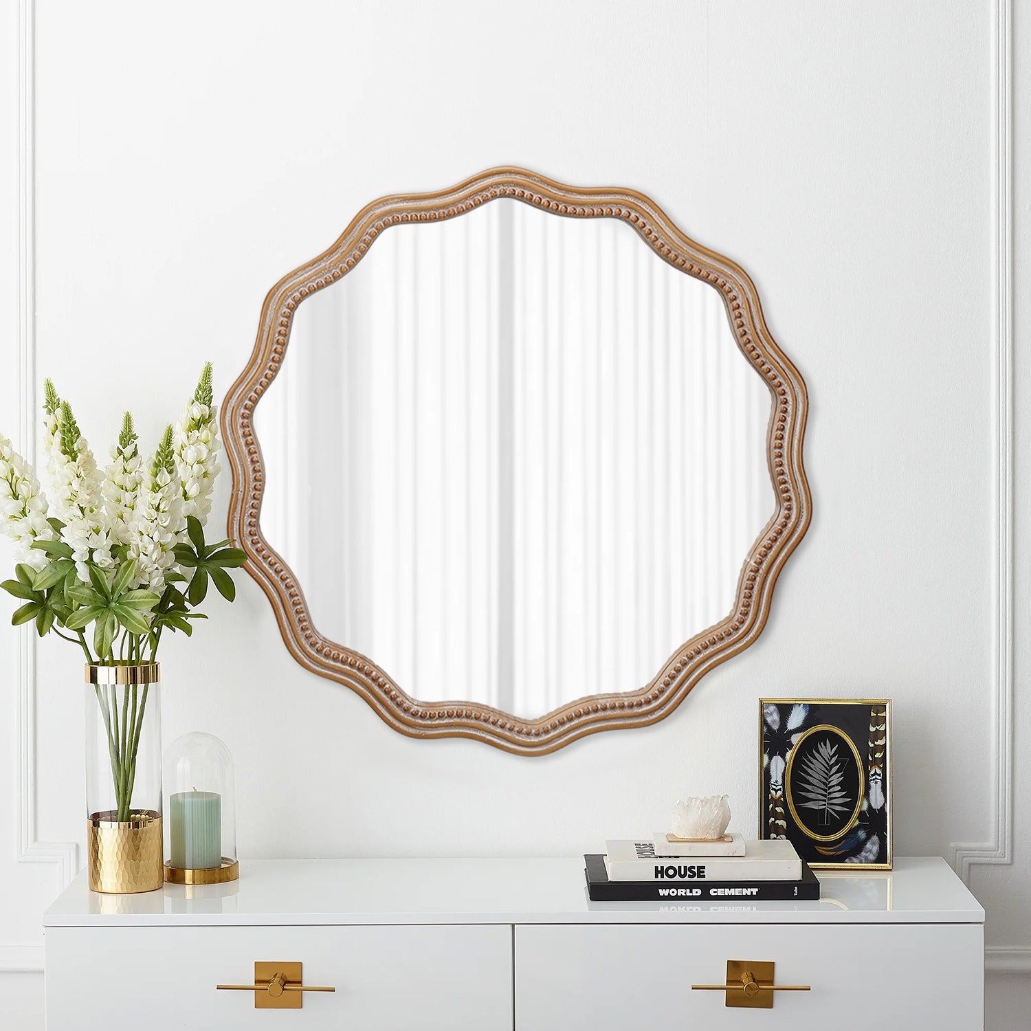 23.62 Inches Wood Round Wavy Wall Mirror Round Wall Mirror Scalloped M