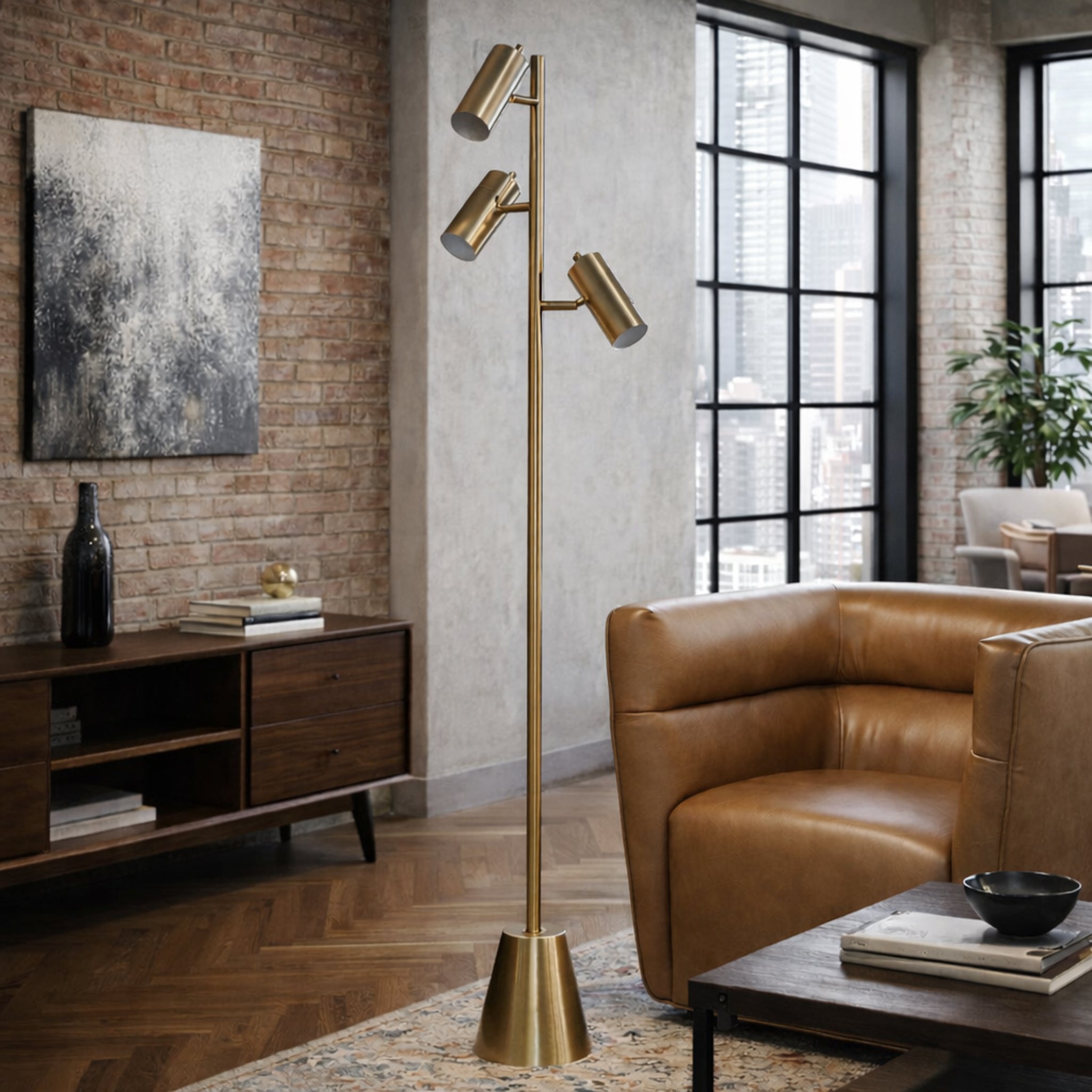 Lumina Brassed Gold Floor Lamp With Rotary Triple Spots Metal Cone Bas