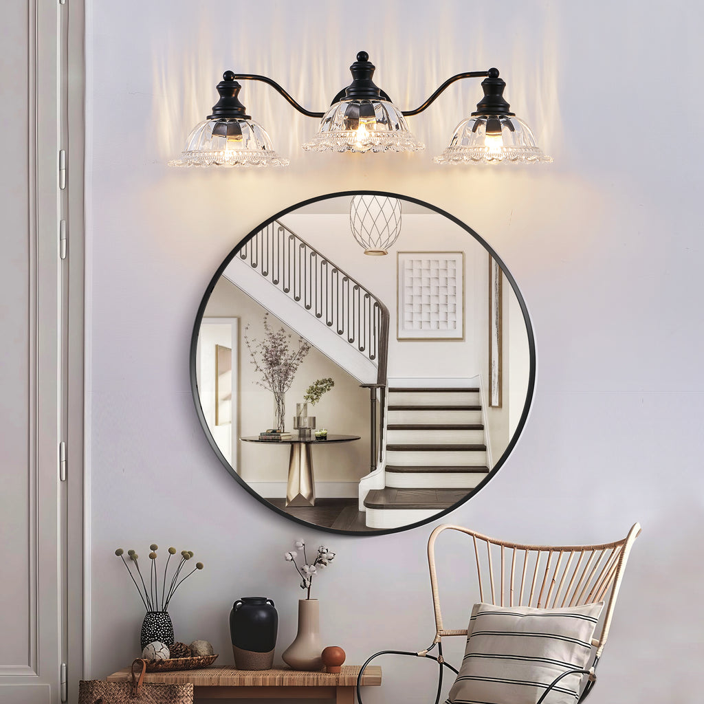 24 Inch 3-Light Vintage Bathroom Wall Sconce Elegant Black Metal And G