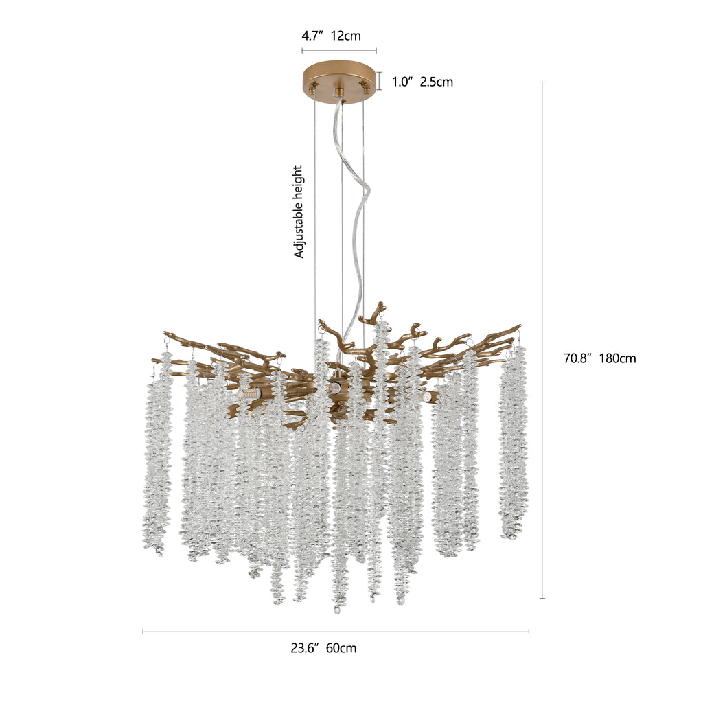 Gold Crystal Pendant Light with Cascading Strands, 24 Inch