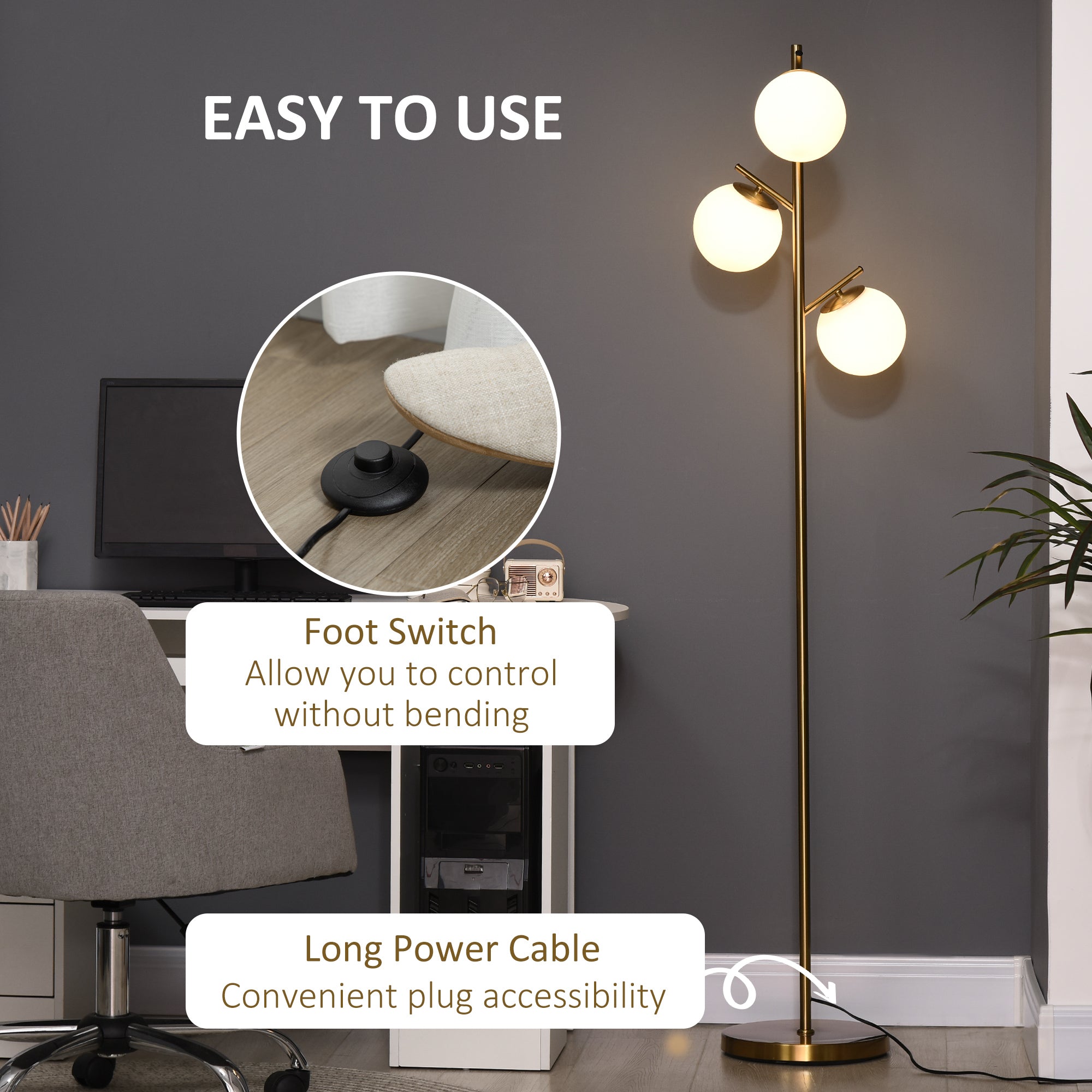 Modern 3-Globe Tree Floor Lamp, Slim Standing Lamp for Living Room
