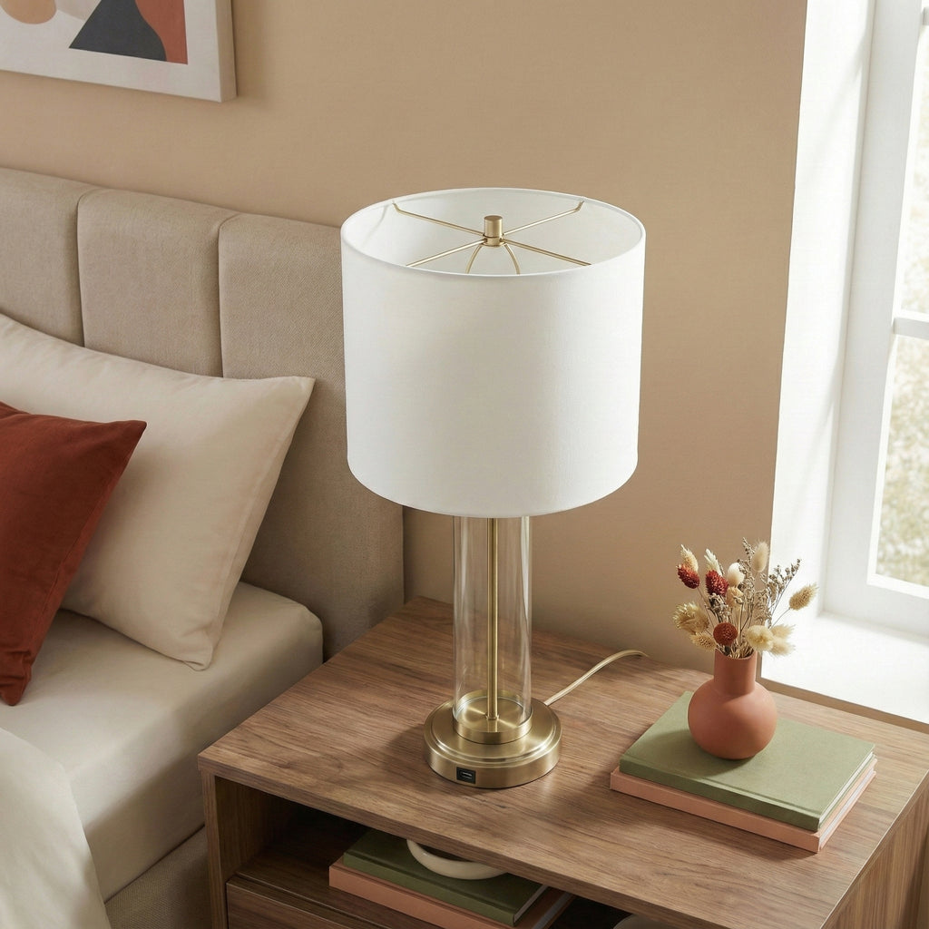 Luna Brushed Nickel Table Lamp With On Off Switch Clear Glass Body Met