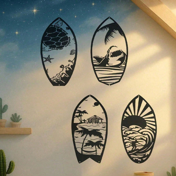 CIFbuy 4 Piece Metal Surfboard Wall Art Coastal Beach House Decor Mode