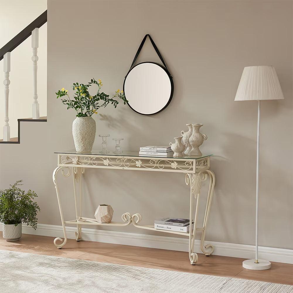 Tempered Glass Console Table White | Two-Tier Design