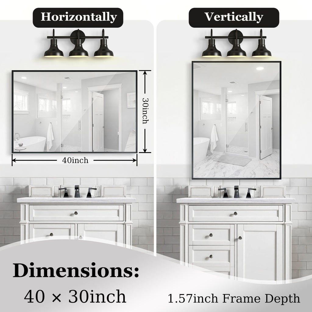 40x30 Inch Glossy Black Bathroom Mirror Wall Rectangular Vanity Mirror
