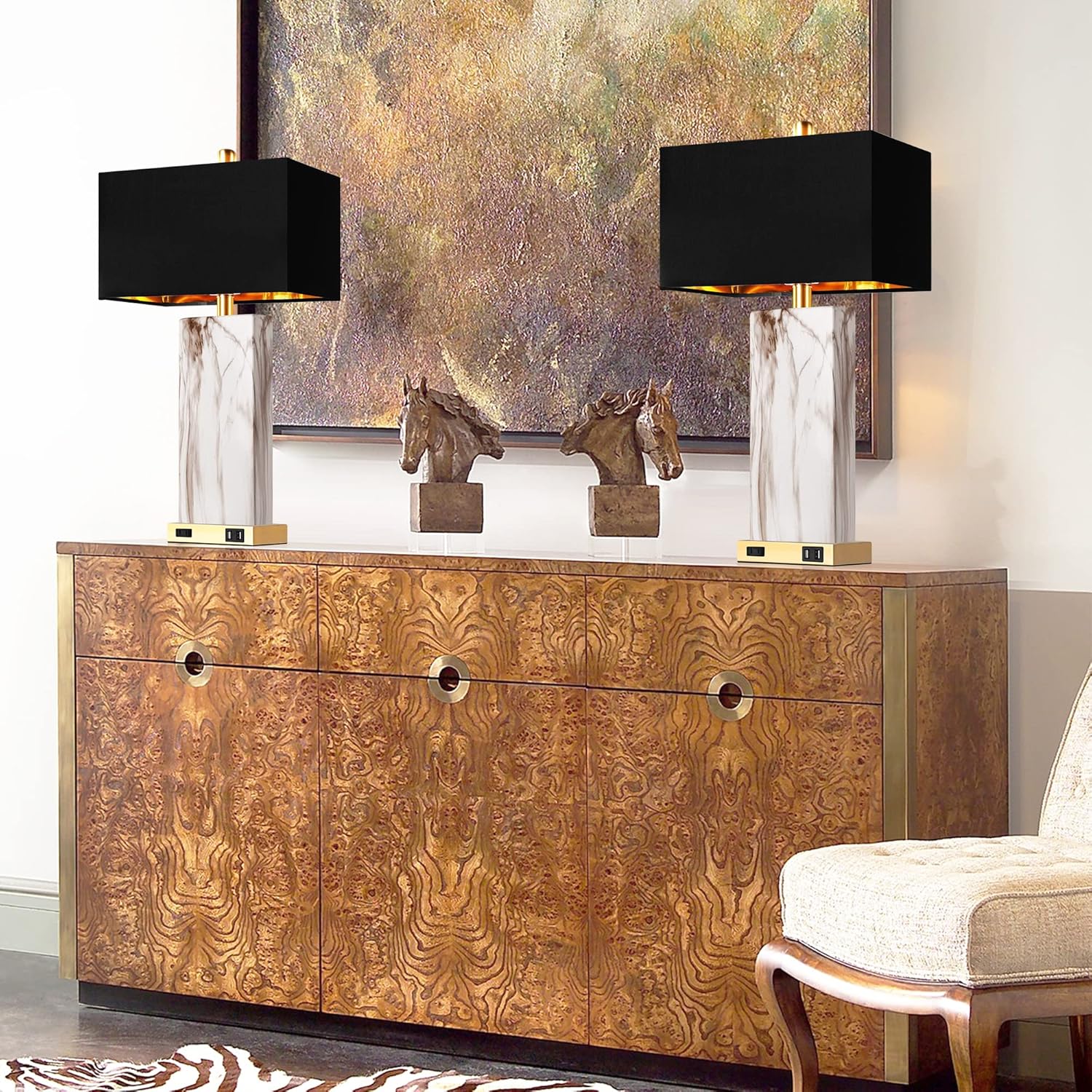 Marble Touch-Control Table Lamp with USB Charging Ports, Black Shade, Set of 2