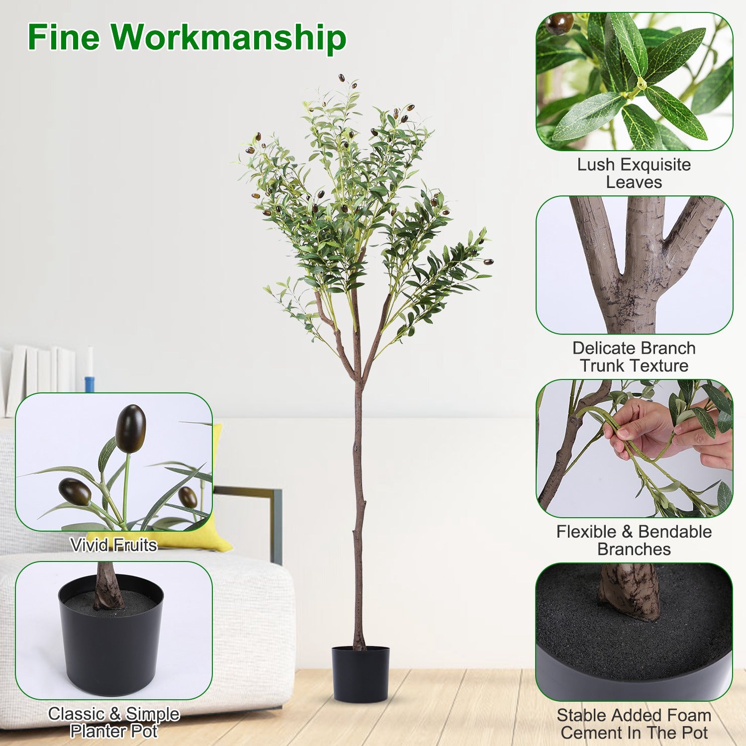 1Pc 5.9FT Artificial Olive Tree Tall Fake Olive Plant Faux Potted Oliv