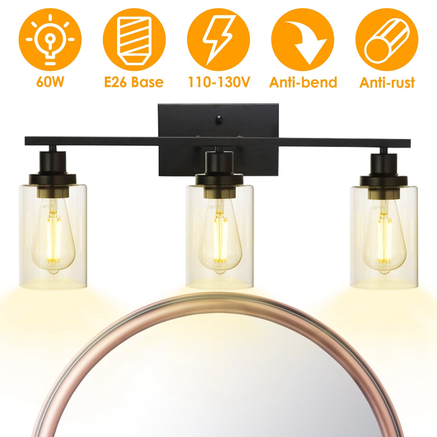 1Pc 3-Light Wall Sconce Lighting With Clear Glass Shade Bathroom Vanit