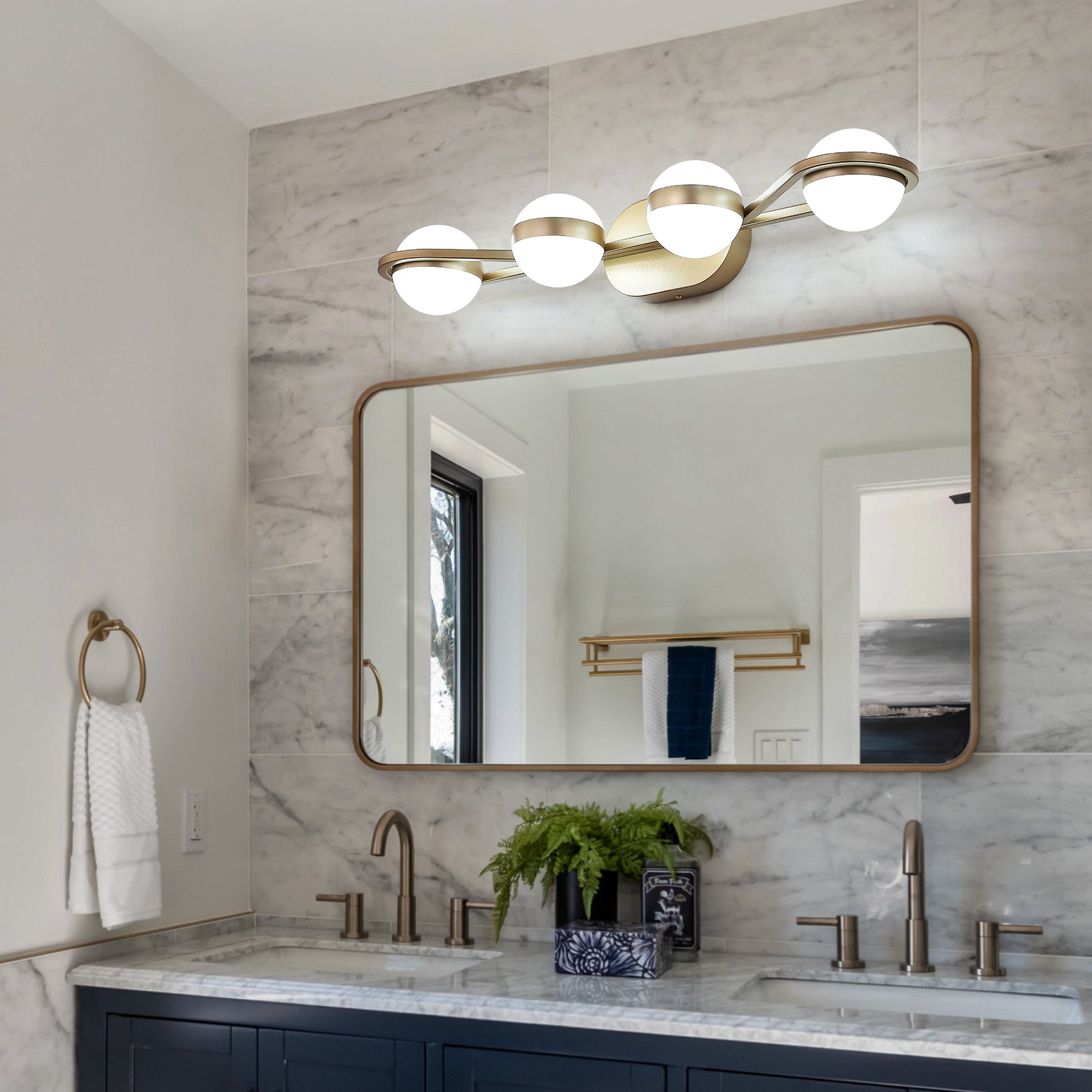28in Golden Minimalist LED Bathroom Vanity Light With Crystal Sand Acr