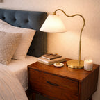 Ornate Brass Ring Base Curved Table Lamp With Triangle White Drum Shad