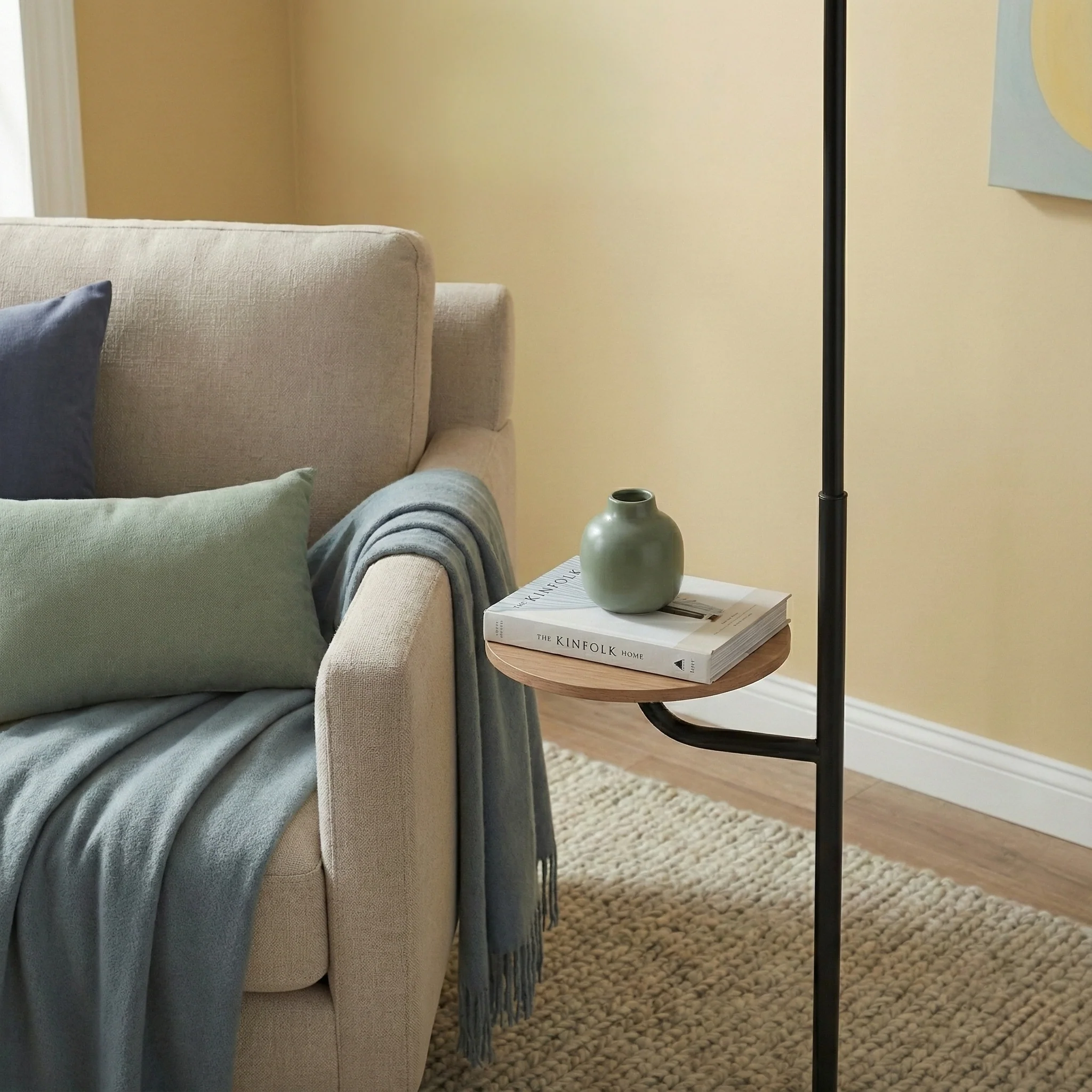 Seoul Black Floor Lamp With Rotary Switch Wood Table Metal Base