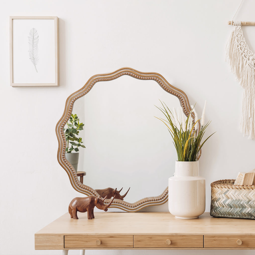 23.62 Inches Wood Round Wavy Wall Mirror Round Wall Mirror Scalloped M