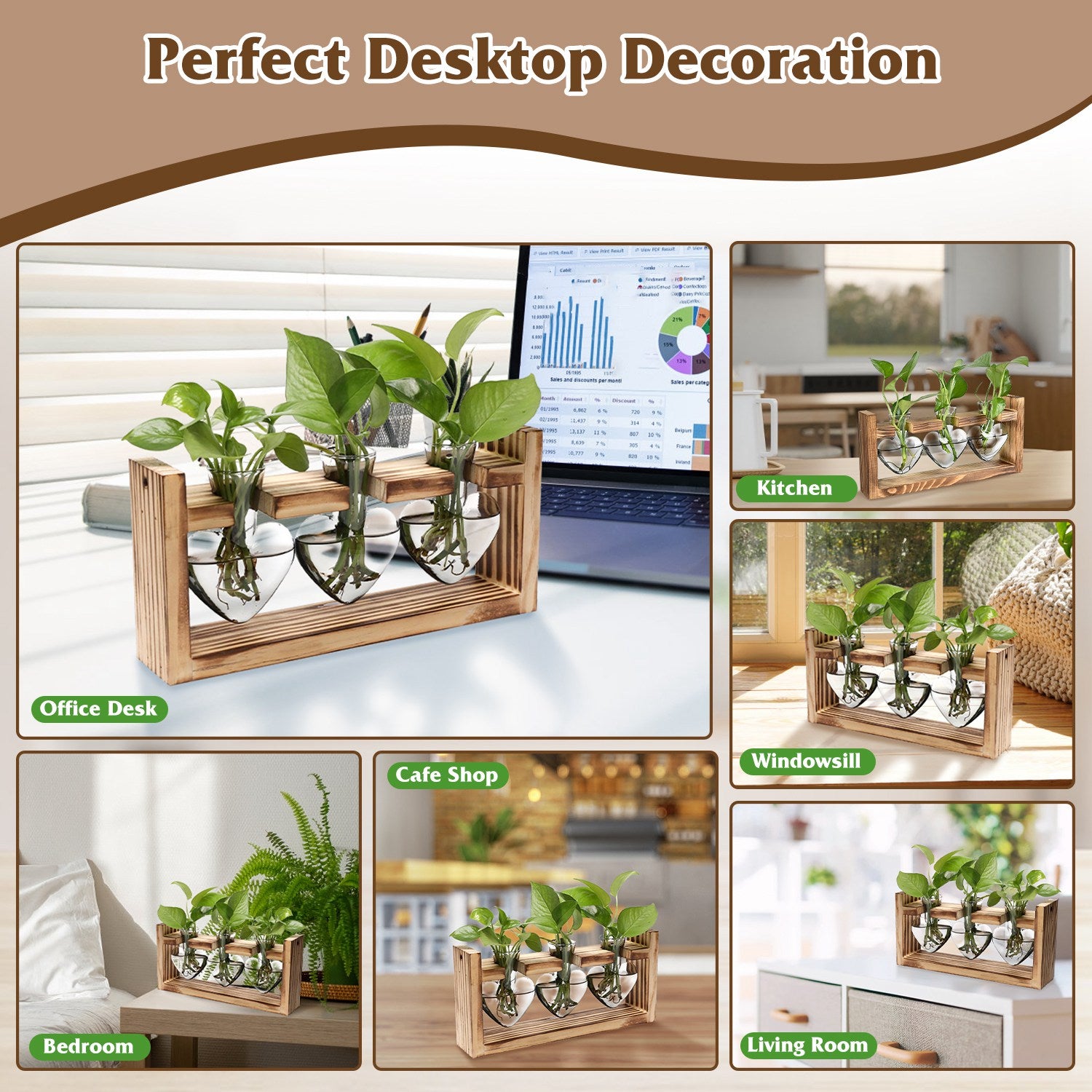 1Pc Plant Terrarium Propagation Station With 3 Heart Shaped Vases Wood