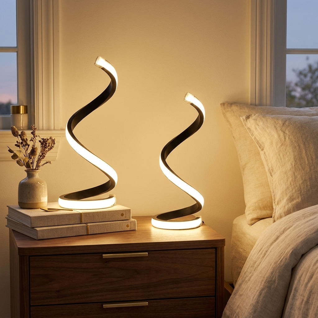 2Pcs Creative Spiral Three-Color Adjustable LED Desk Lamp styled in a warm modern interior