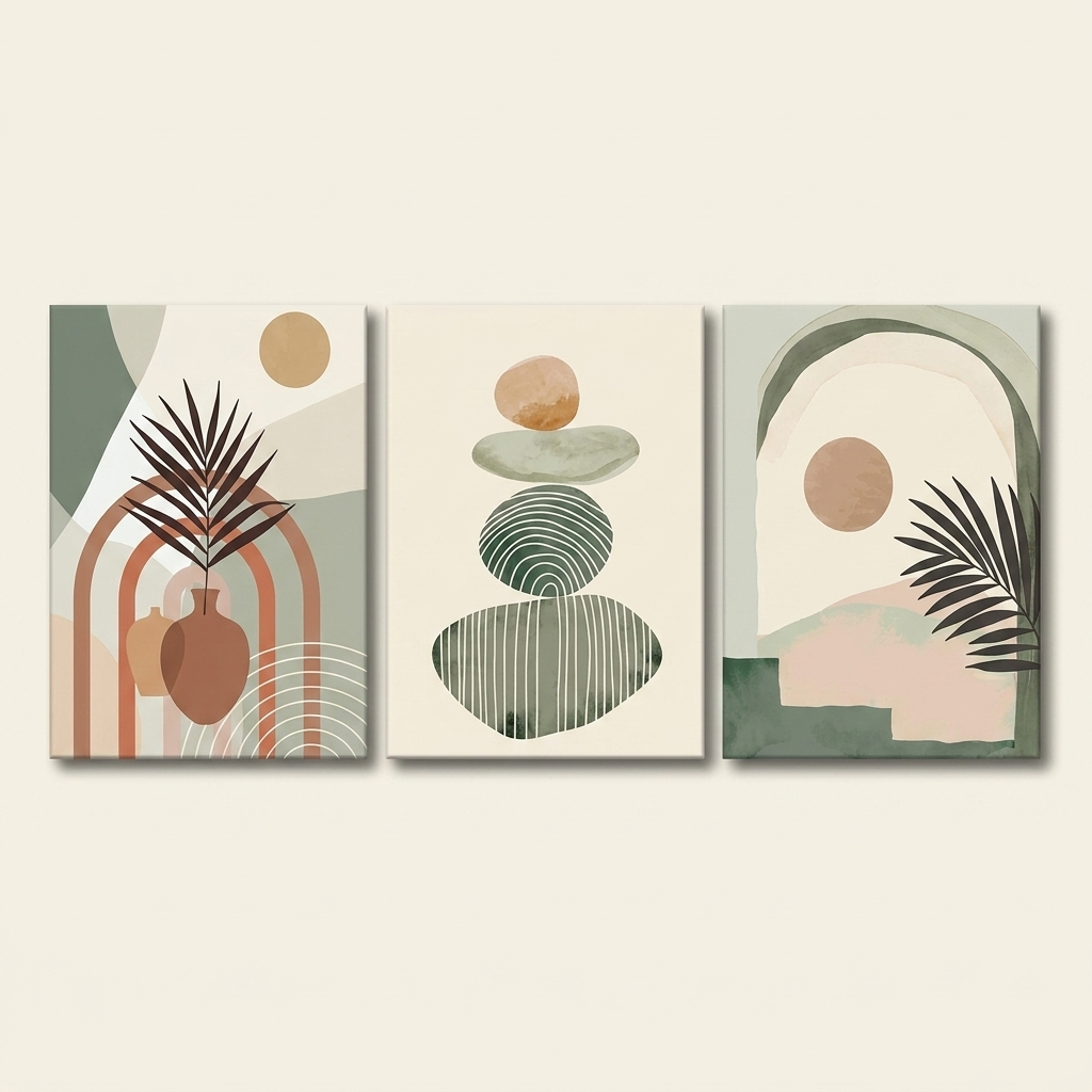 3 Pcs Boho Art Wall Decor Canvas Wall Art Decor Stretched And Framed R on a warm cream background
