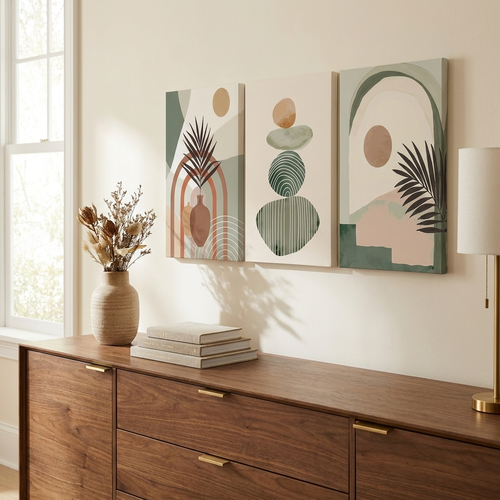 3 Pcs Boho Art Wall Decor Canvas Wall Art Decor Stretched And Framed R styled in a warm modern interior