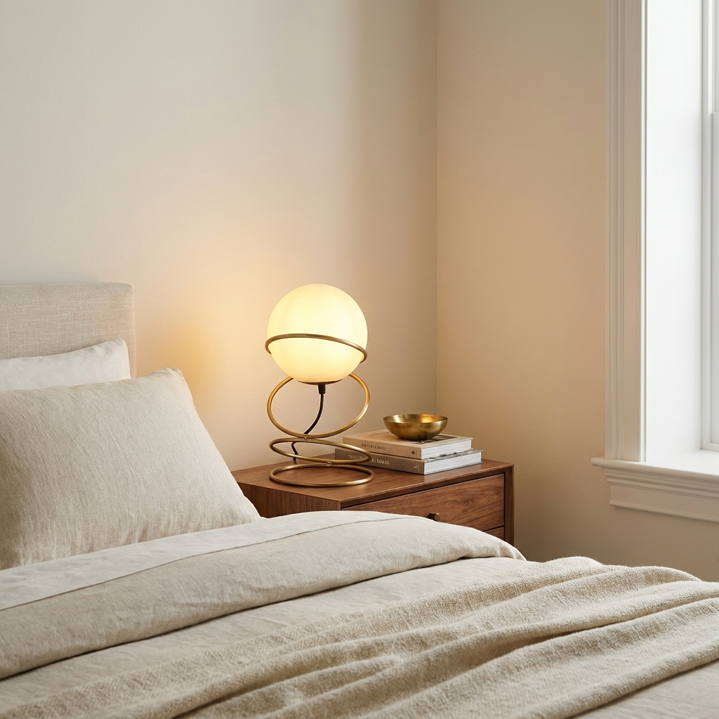 13.5 H Glass Globe Matte Gold Spiral 4 Ring Metal Stand Table Lamp For styled in a warm modern interior