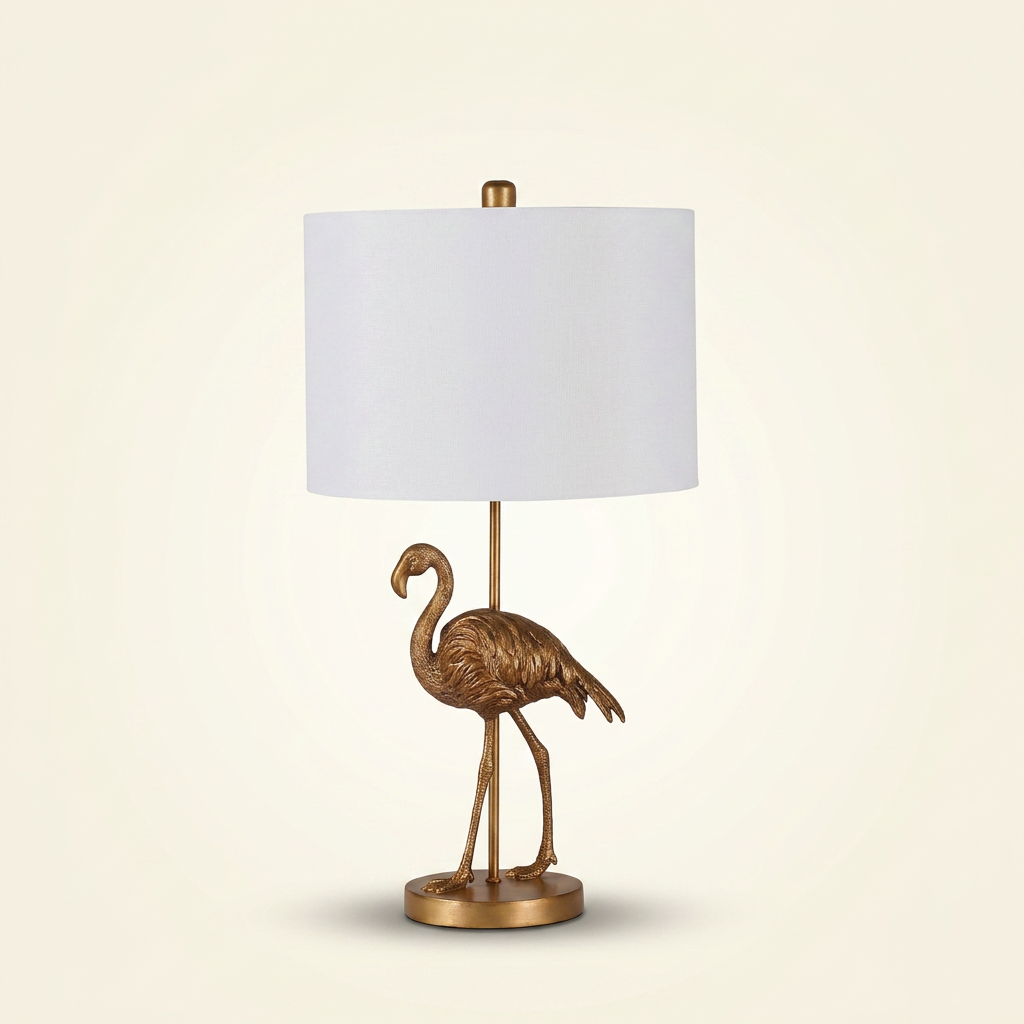 Matte Gold Flamingo Resin Table Lamp on a warm cream background
