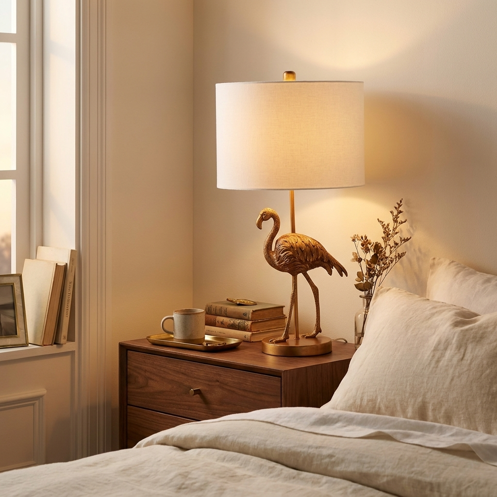 Matte Gold Flamingo Resin Table Lamp styled in a warm modern interior