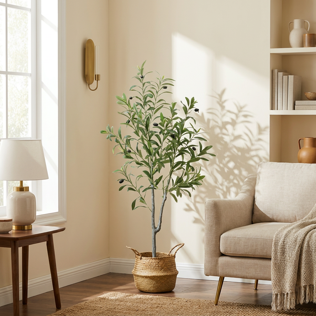 1 Artificial Olive Tree styled in a warm modern interior