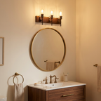 3-Light Matte Black Wood Color Bathroom Light Fixtures styled in a warm modern interior