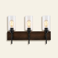 3-Light Matte Black Wood Color Bathroom Light Fixtures on a warm cream background