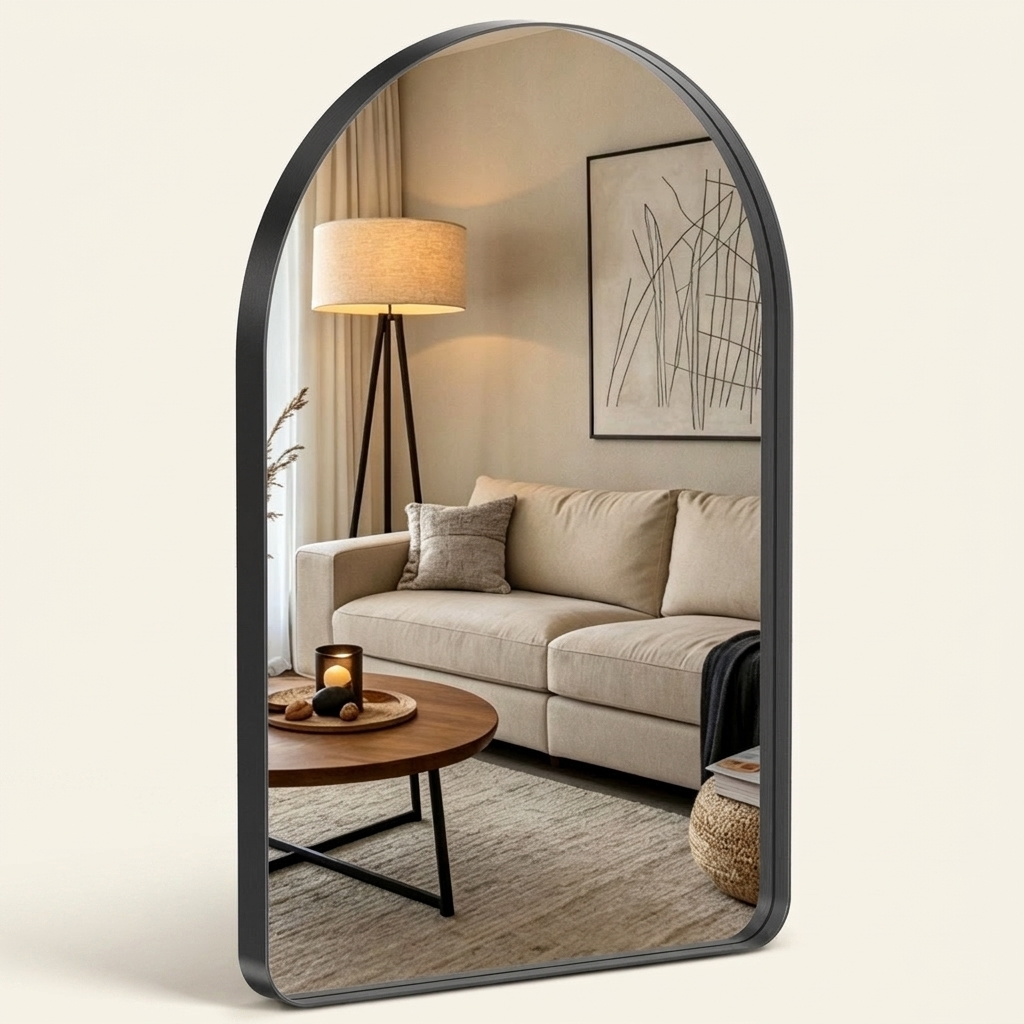 Arched Wall Mirror For Bathroom Over Sink on a warm cream background