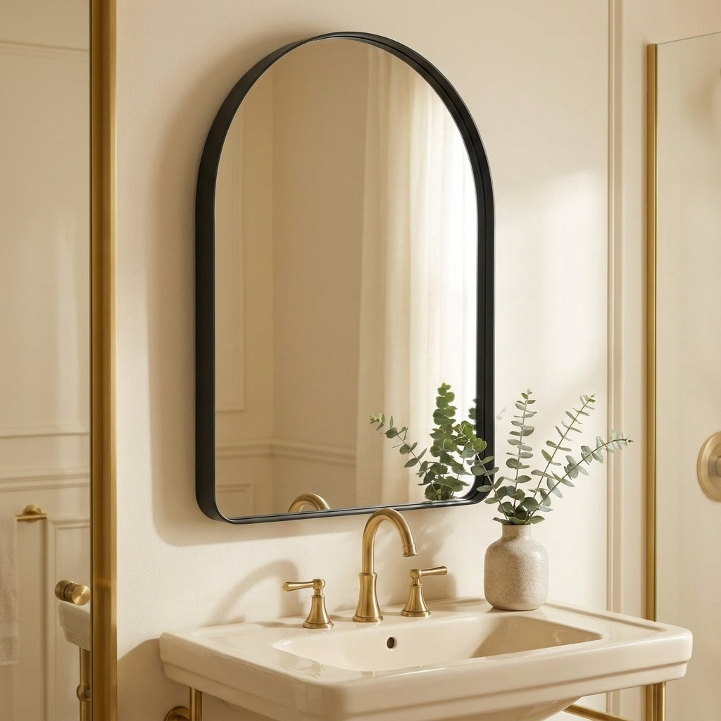 Arched Wall Mirror For Bathroom Over Sink styled in a warm modern interior