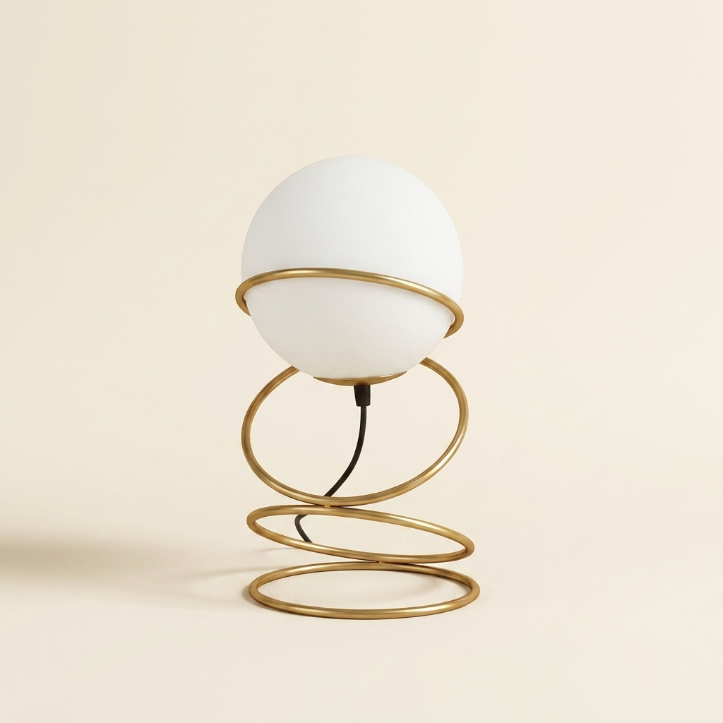 13.5 H Glass Globe Matte Gold Spiral 4 Ring Metal Stand Table Lamp For on a warm cream background