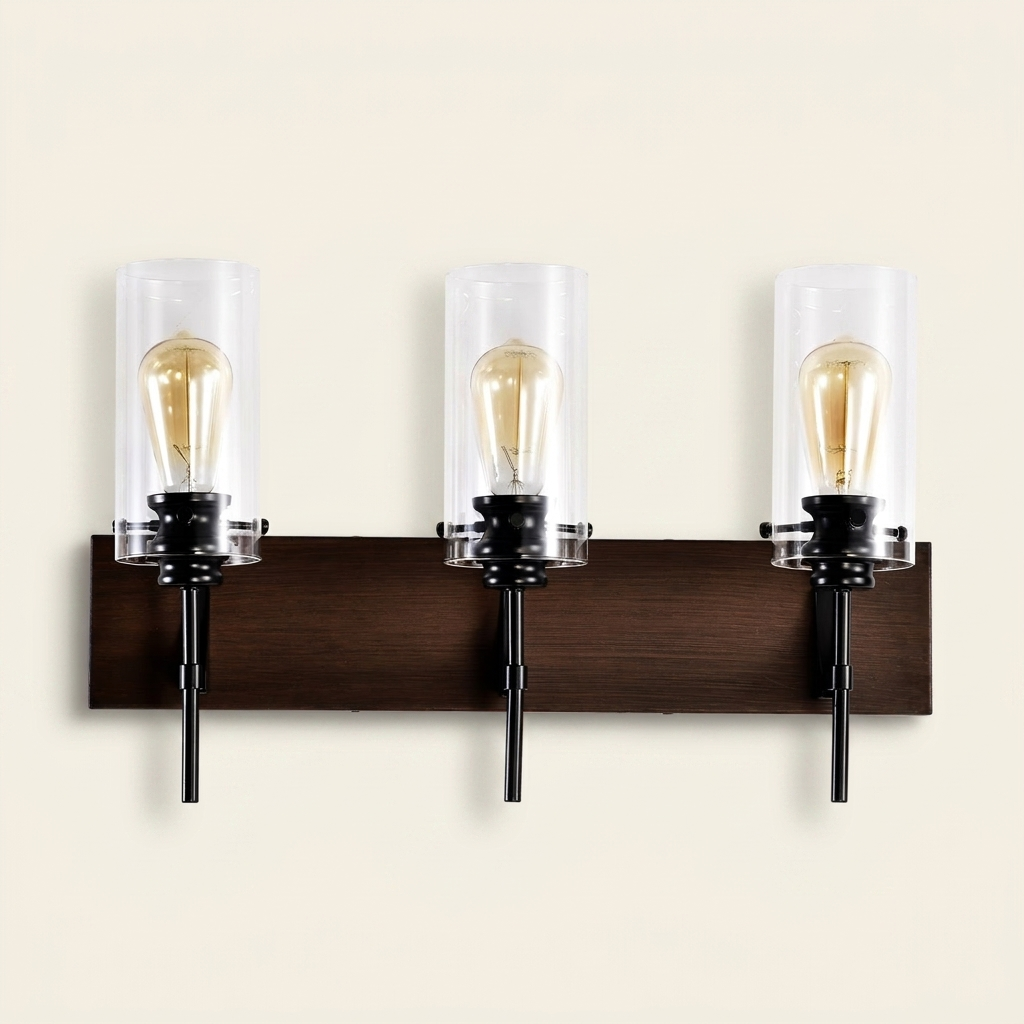 3-Light Matte Black Wood Color Bathroom Light Fixtures on a warm cream background
