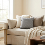Set Of 2 Throw Pillow Covers Vintage Linen Trimmed Cushion Covers styled in a warm modern interior