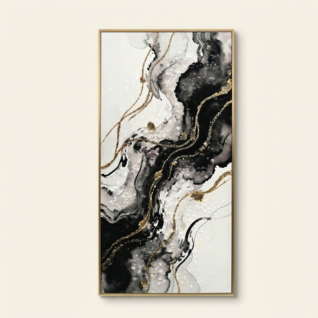 Large Framed Black And White Abstract Wall Art on a warm cream background