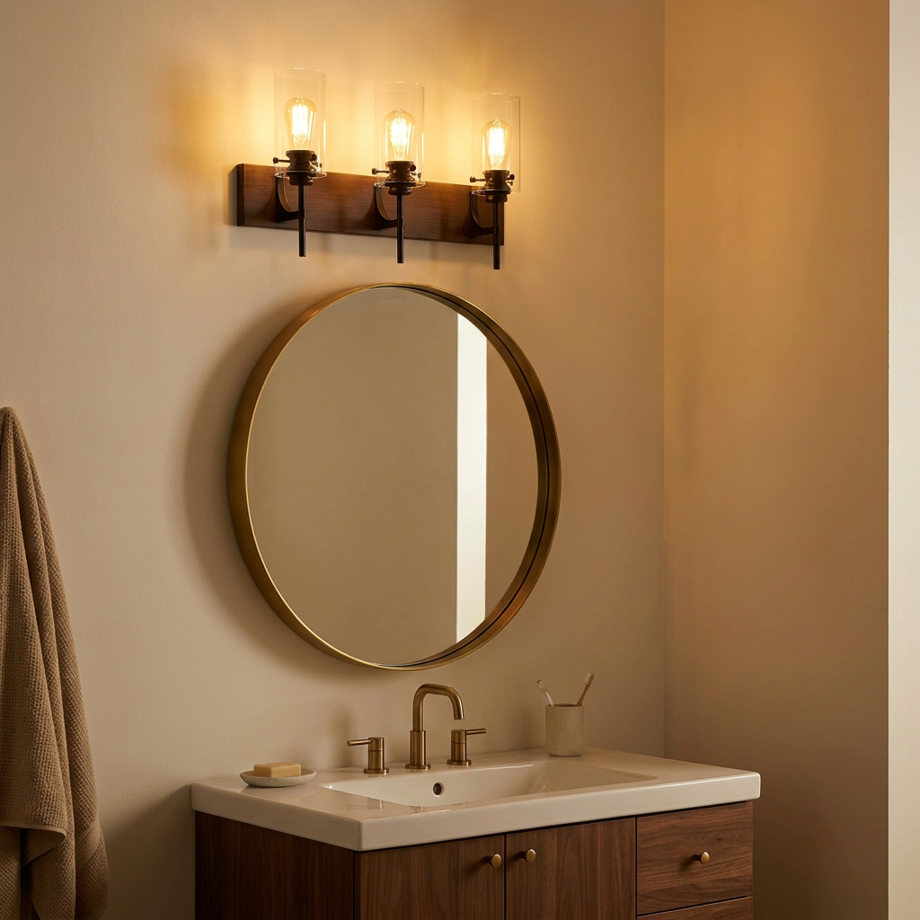 3-Light Matte Black Wood Color Bathroom Light Fixtures styled in a warm modern interior
