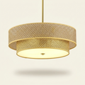 17.7 Inch Woven Rattan Linen Semi Flush Mount Ceiling Light Fixture on a warm cream background