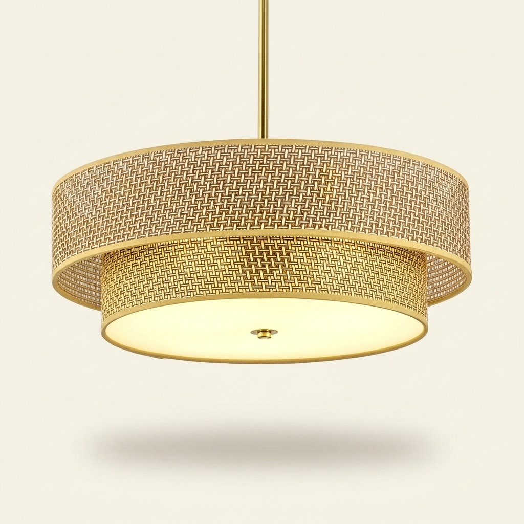 17.7 Inch Woven Rattan Linen Semi Flush Mount Ceiling Light Fixture on a warm cream background