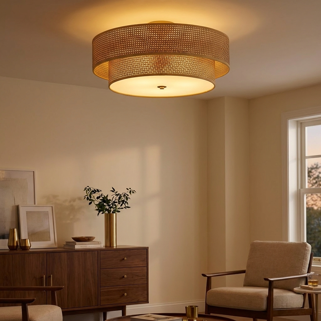 17.7 Inch Woven Rattan Linen Semi Flush Mount Ceiling Light Fixture styled in a warm modern interior