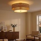 17.7 Inch Woven Rattan Linen Semi Flush Mount Ceiling Light Fixture styled in a warm modern interior
