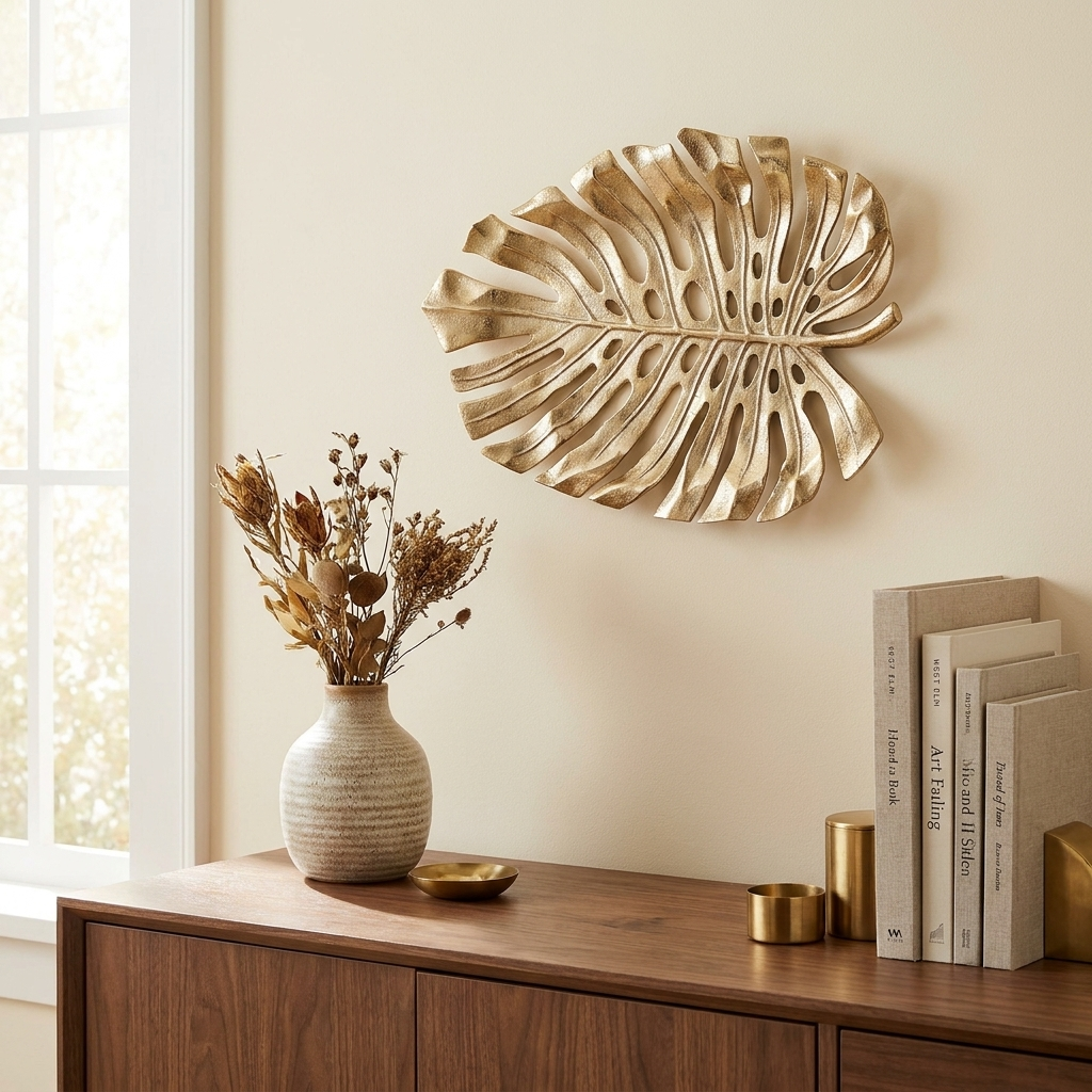 18.9x13.4x1.4 Gold Monstera Leaf Wall DEcor styled in a warm modern interior