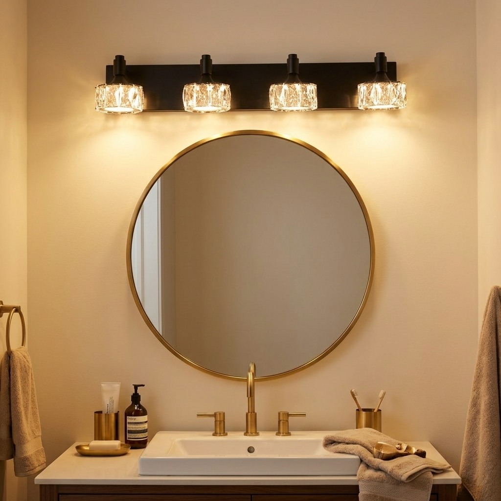 Modern 4-Light Matte Black LED Vanity Light Fixture With Crystal Glass styled in a warm modern interior